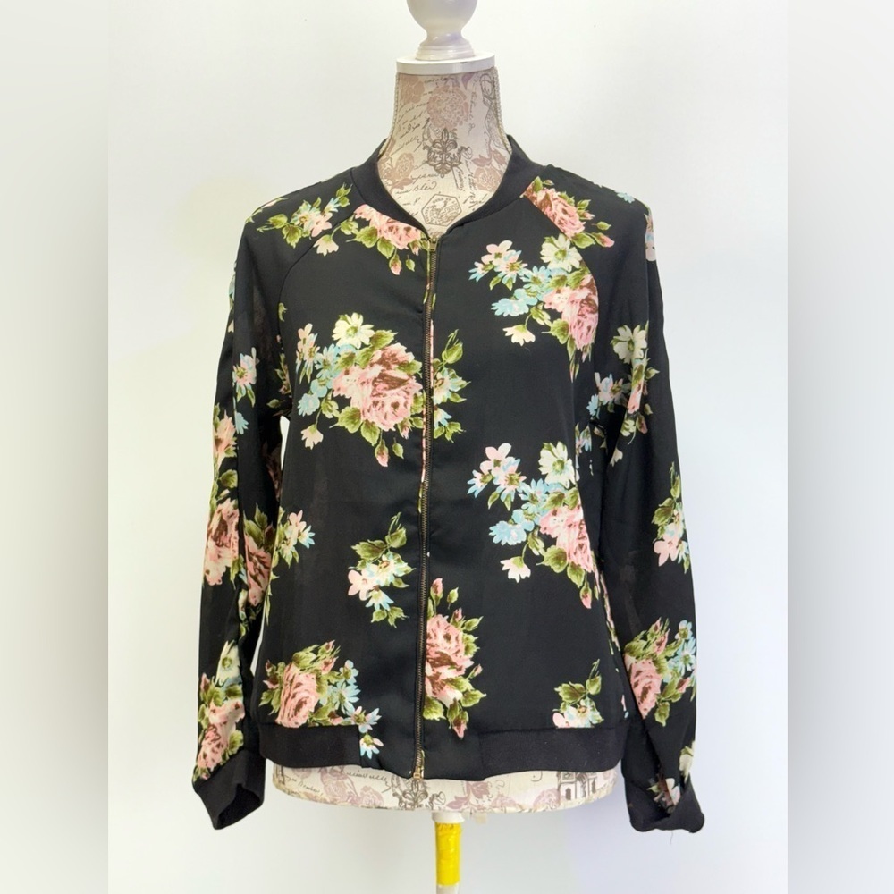 LIVE 4 TRUTH Black and Pink floral lightweight bomber jacket size M - Picture 6 of 13